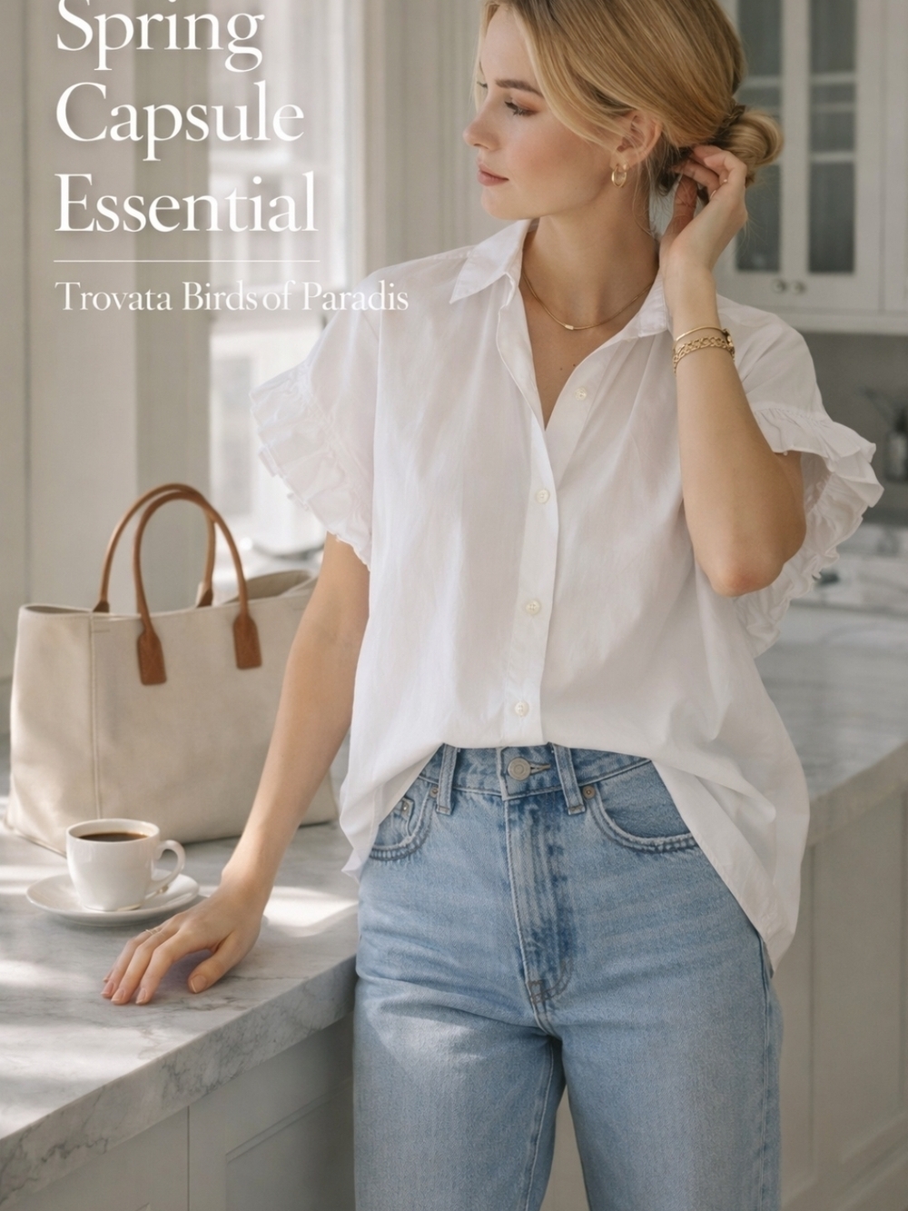 Trovata Birds of Paradis White Cotton Ruffle Sleeve Button Front Blouse M